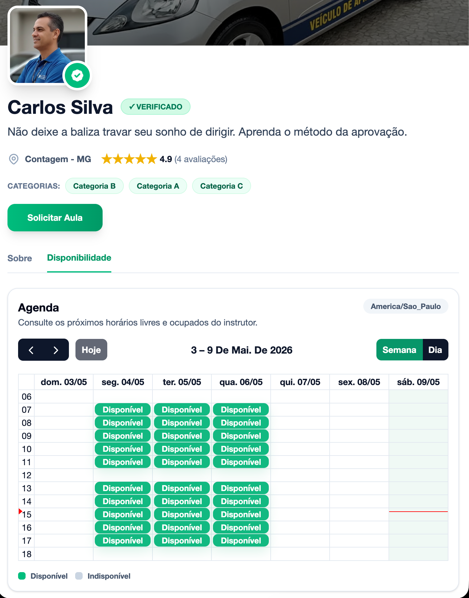 Configuração dos dias e horários da agenda