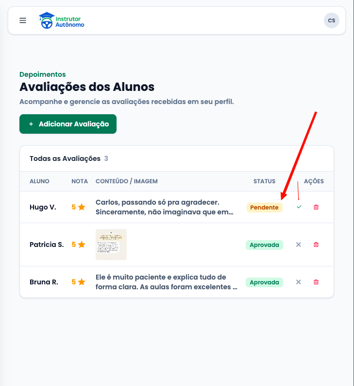 Painel do instrutor exibindo avaliação com status pendente