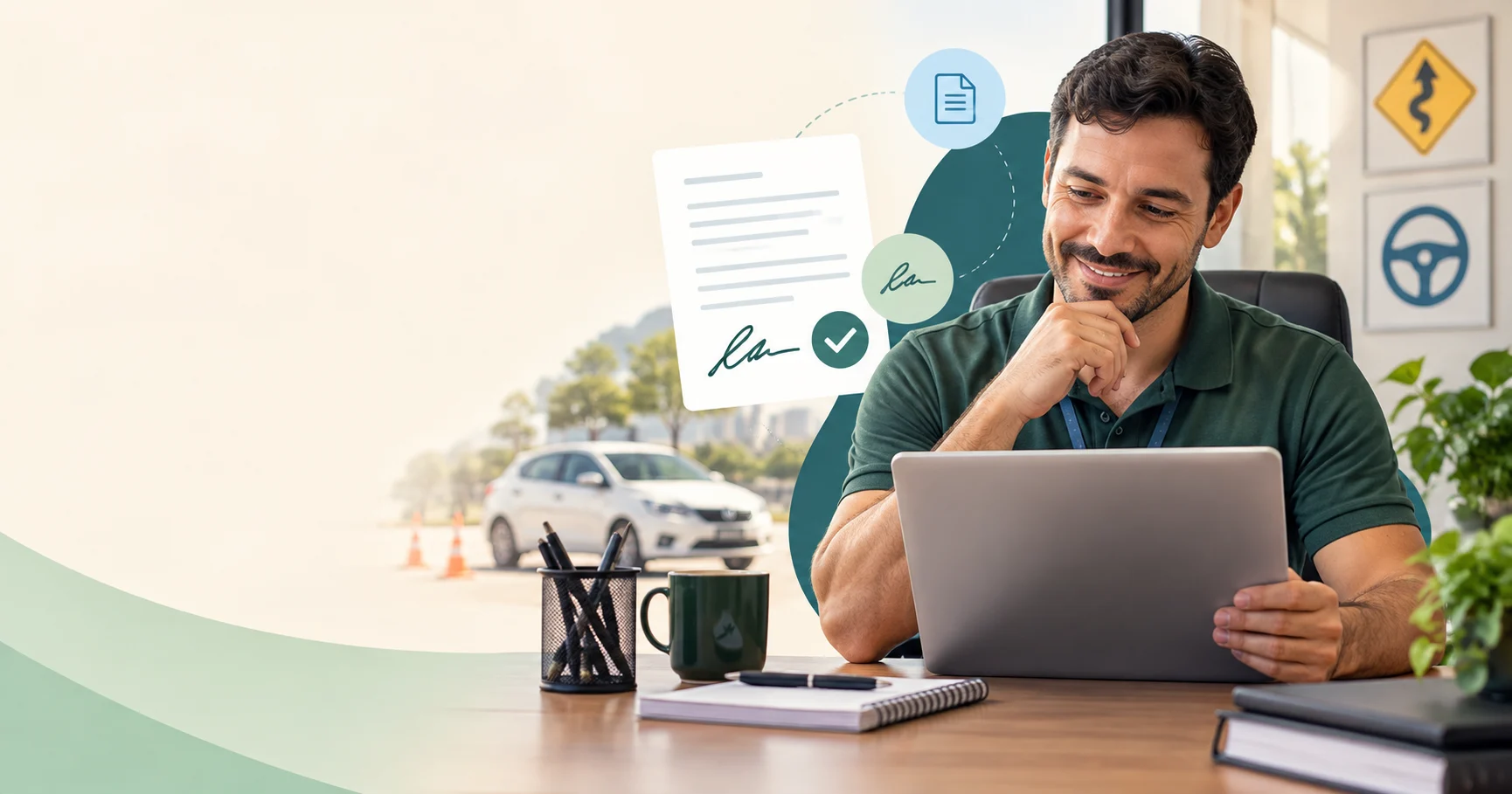 Instrutor analisando um contrato de matrícula em um notebook, com elementos visuais de assinatura e aprovação